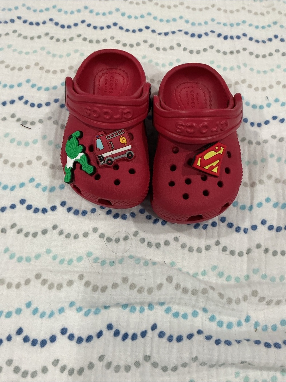 CROCS Kids Red Clogs with Superhero & Firetruck Charms